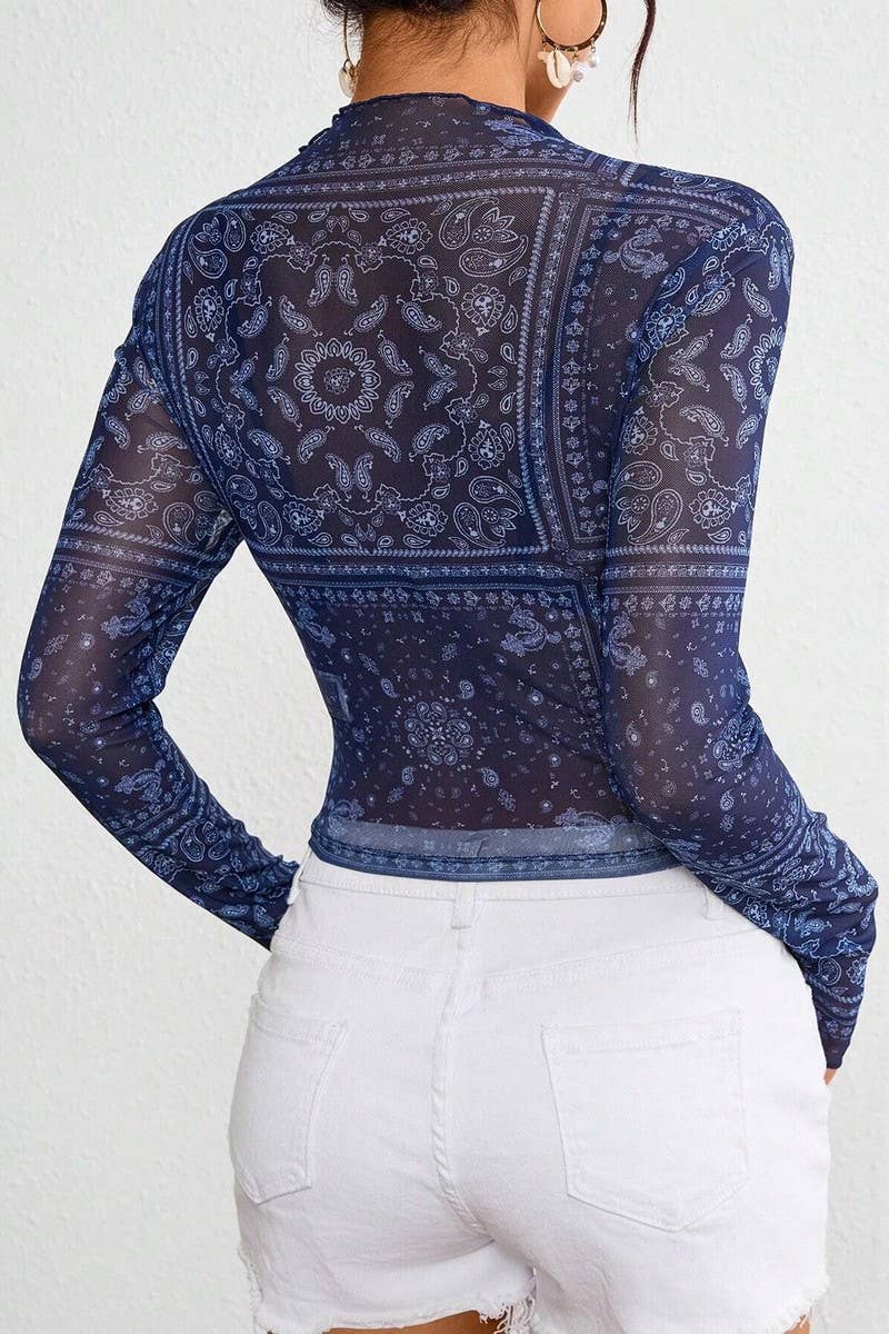 CWTBLL3509_MESH PRINT STAND COLLAR LONG SLEEVE CROPPED TOP