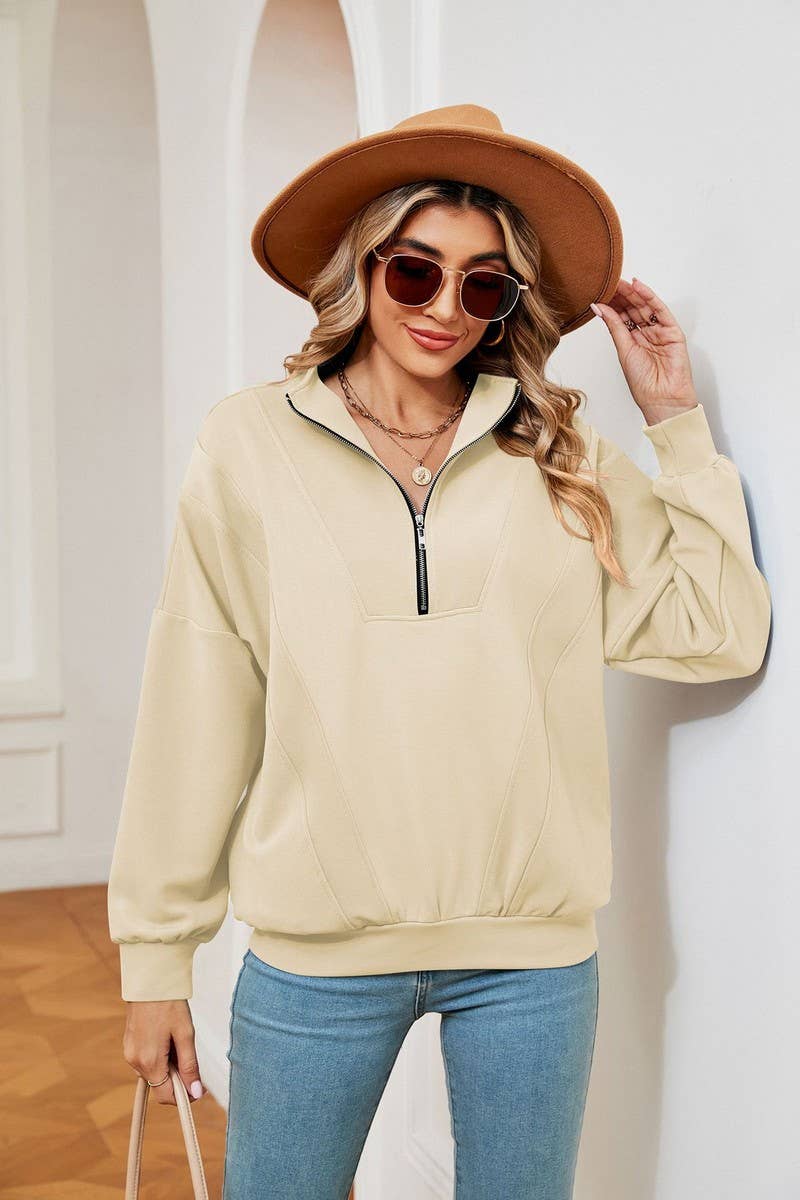 CWTBLL2399_ZIPPERED STAND COLLAR POCKET CASUAL SWEATSHIRT