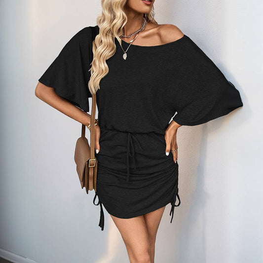 Asymmetrical neck ruched bodycon casual dress