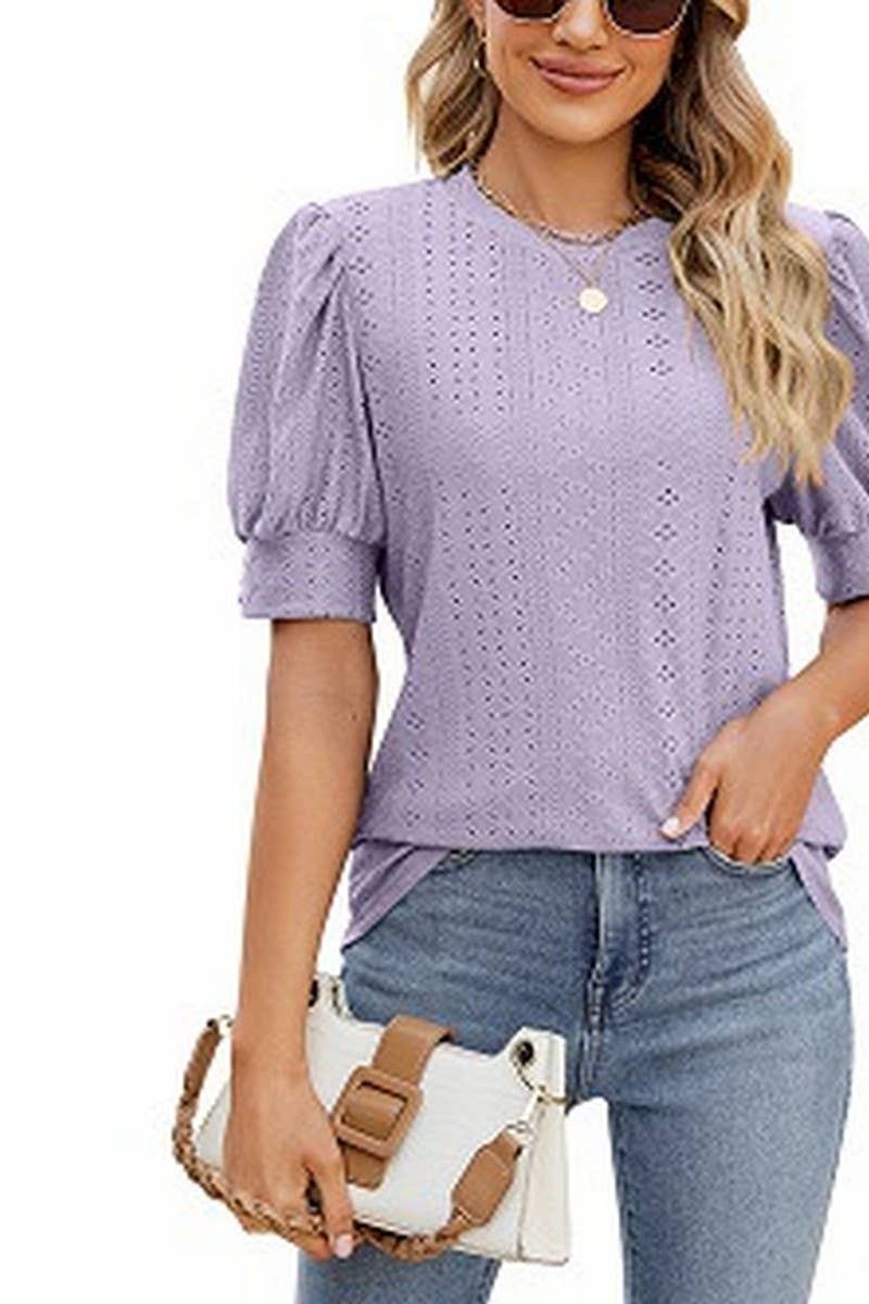 CWTBLS0615_ HOLLOW PUFF SLEEVES SHORT SLEEVED BLOUSE TOP