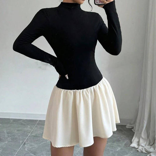 COLOR MATCHING RUFFLED HEM STANDING COLLAR SKIRT