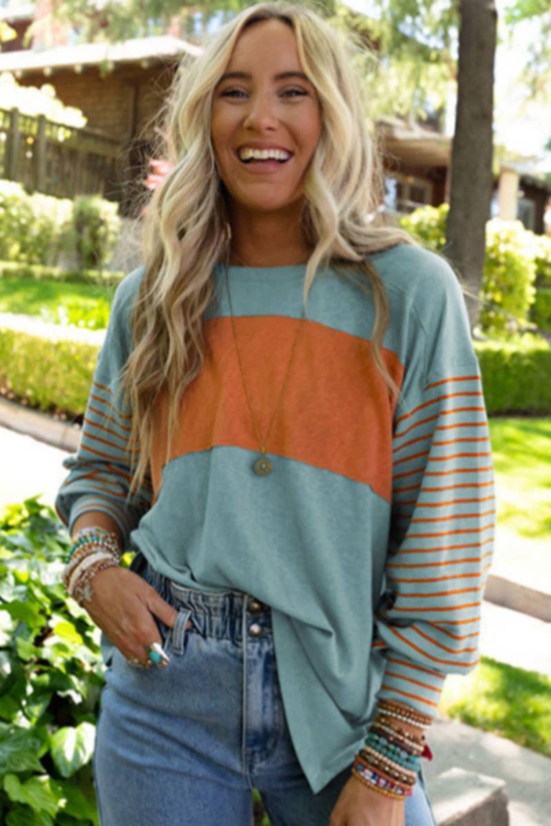 CWTBLL1307_CREW-NECK STRIPED LONG-SLEEVED BLOUSE