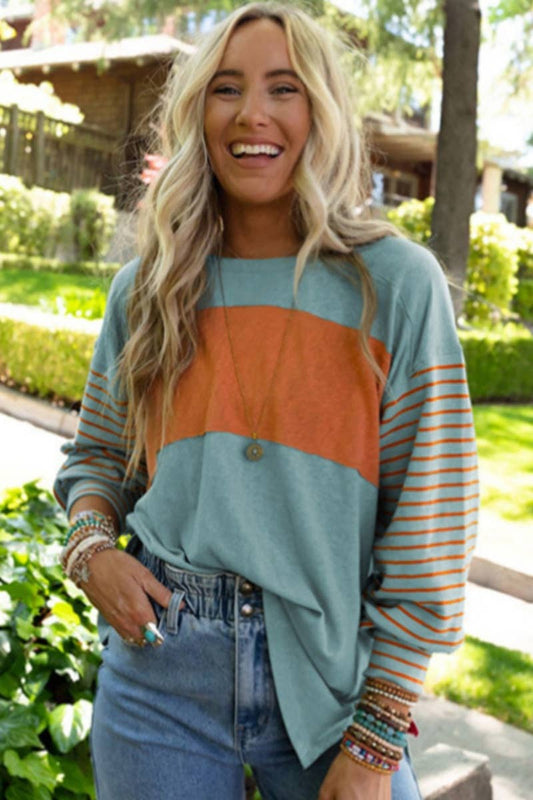 CWTBLL1307_CREW-NECK STRIPED LONG-SLEEVED BLOUSE