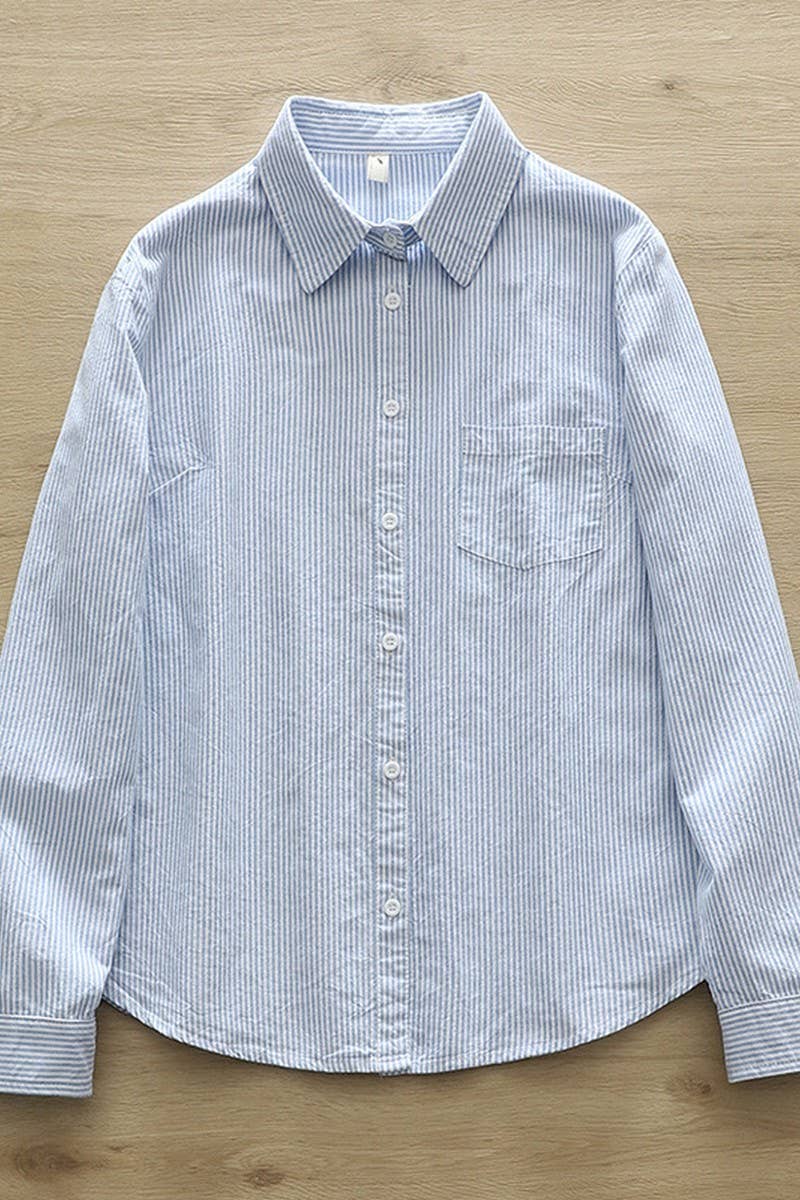 CWTSTL2242_LOOSE LAPEL POCKET LONG SLEEVE STRIPED SHIRT TOP