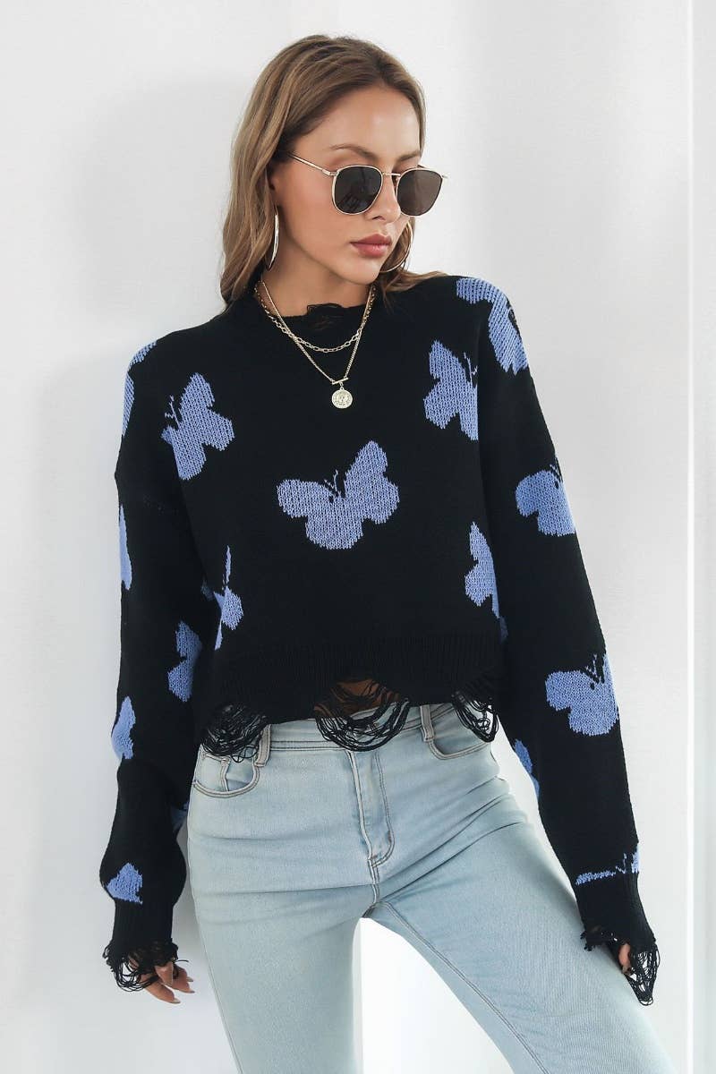 CWOSWL6376_RIPPED BUTTERFLY JACQUARD LONG-SLEEVED SWEATER