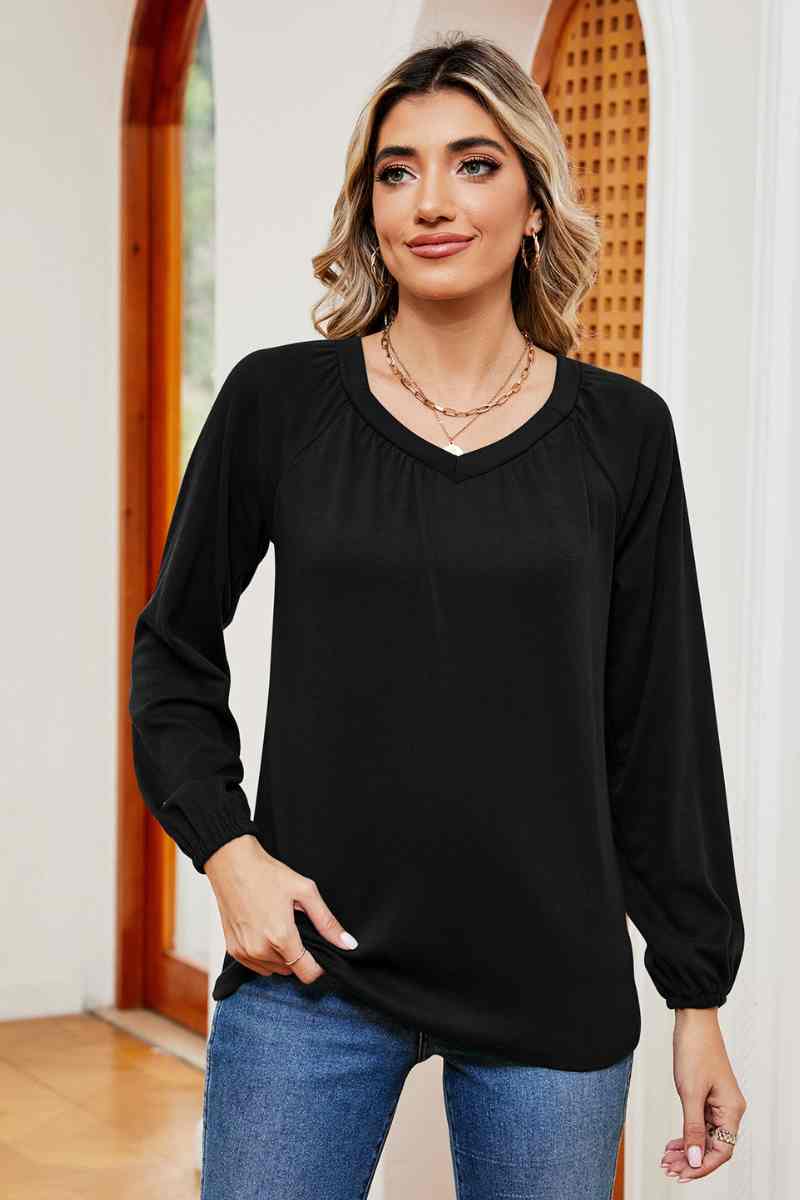 CWTBLL2840_CASUAL SOLID COLOR PLEATED LONG SLEEVE TOP