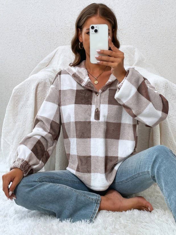 Checkered studs Loose hooded casual sweatshirt