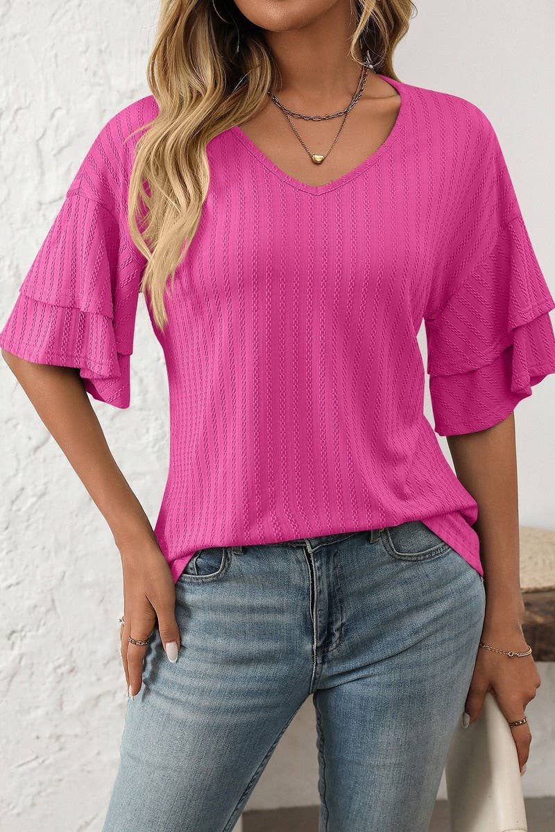 CWTBLS1713_SOLID COLOR V-NECK LOTUS SLEEVE T-SHIRT TOP