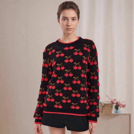 Christmas cherry jacquard pullover knit sweater