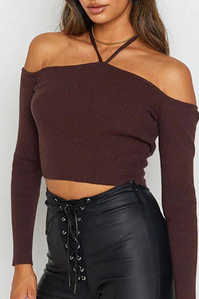 CWTHT0198_OFF THE SHOULDER HALTERNECK LONG SLEEVED TOP