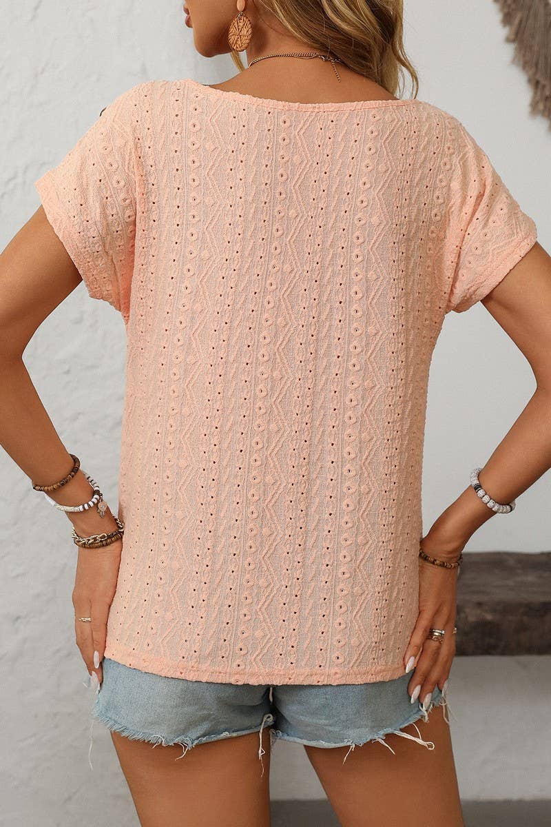 CWTBLS1709_ROUND NECK BUTTON SHORT SLEEVE CUTOUT TOP