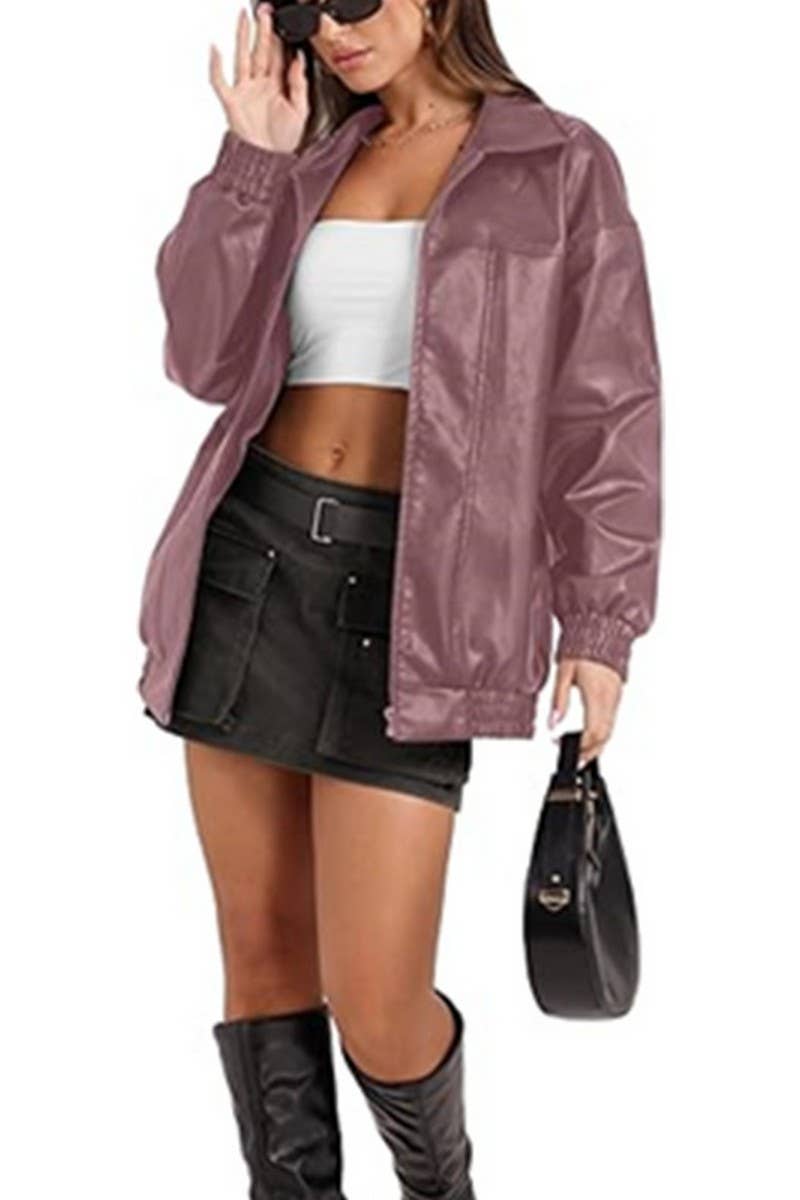 CWOCO1150_LAPEL ZIPPER SIDE POCKET PU LEATHER JACKET