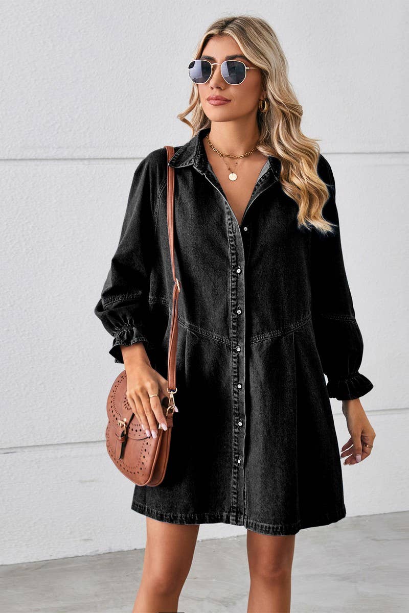 CWDSD10891_WASHED LONG-SLEEVED PANELED DENIM DRESS