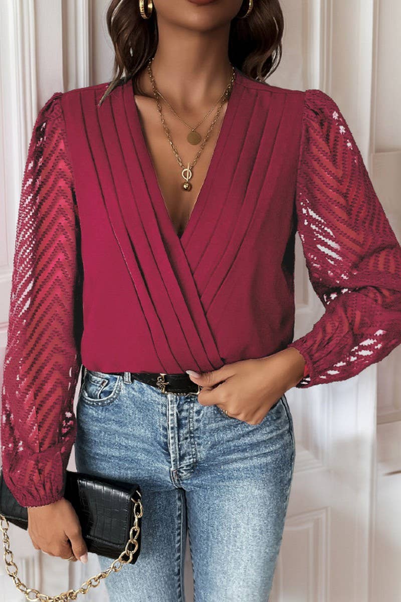 CWSBSL00030_SOLID V-NECK RUFFLE LACE SHEER BODYSUIT