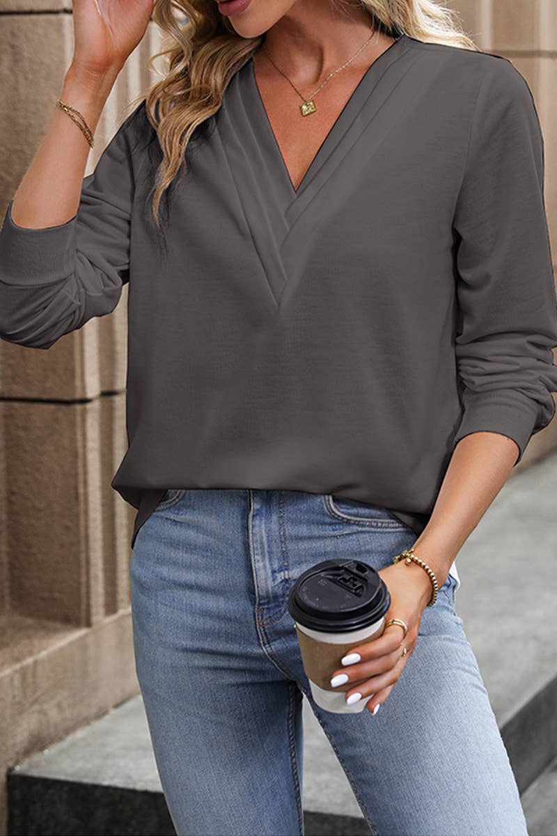 CWTBLL3558_SPRING AND AUTUMN SOLID COLOR V-NECK SWEATSHIRT