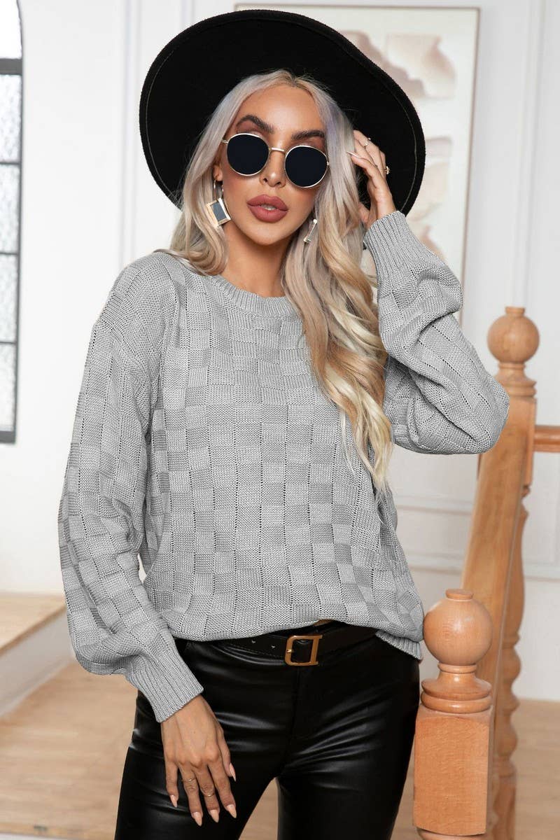 CWOSWL3874_3D PLAID LONG SLEEVE KNITTED PULLOVER SWEATER