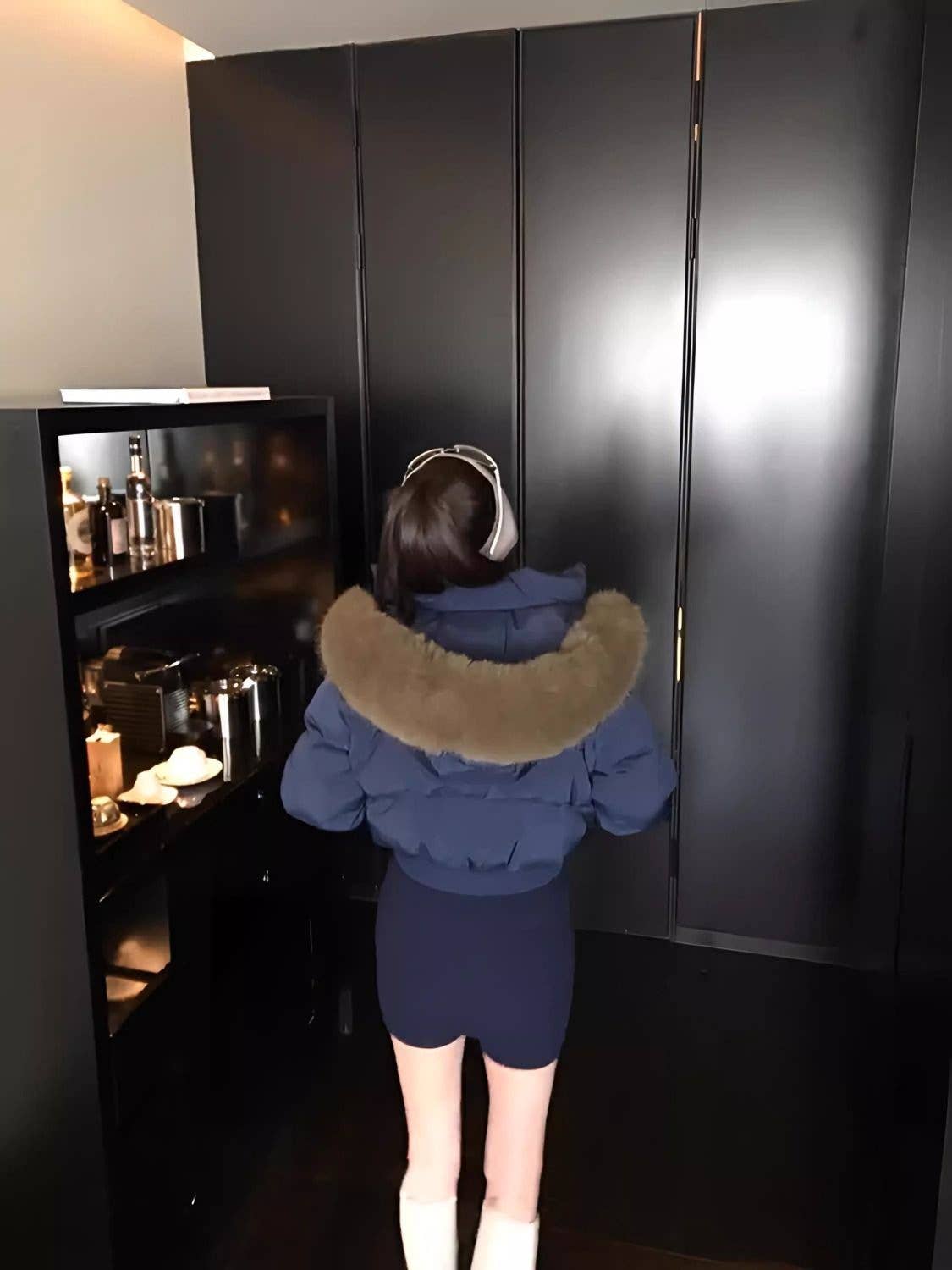 Design sense hooded wool collar cotton jacket