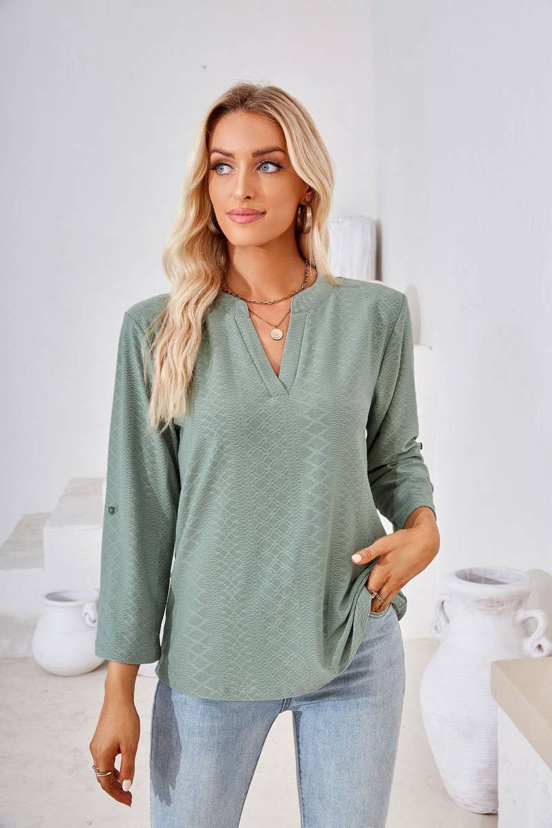 CWTSTL0856_V-neck Pullover Long Sleeve Top