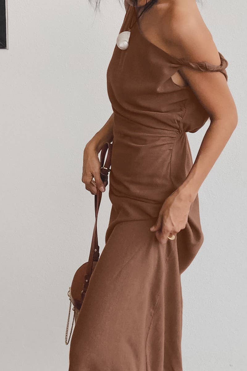 CWDMD6096_LINEN COTTON ASYMMETRICAL NECKLINE SHORT DRESS