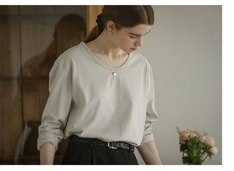 Cotton round-neck off-the-shoulder sleeve shirt