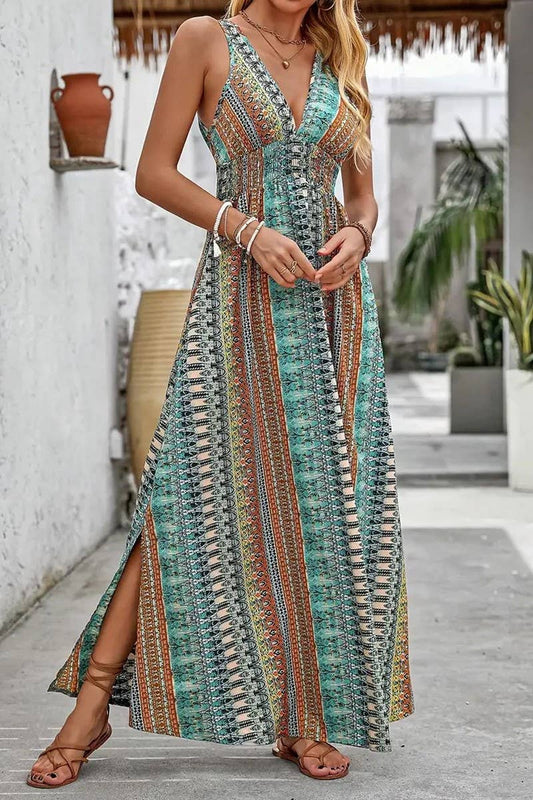CWDHL0947_SUMMER V-NECK BOHEMIAN LONG DRESS