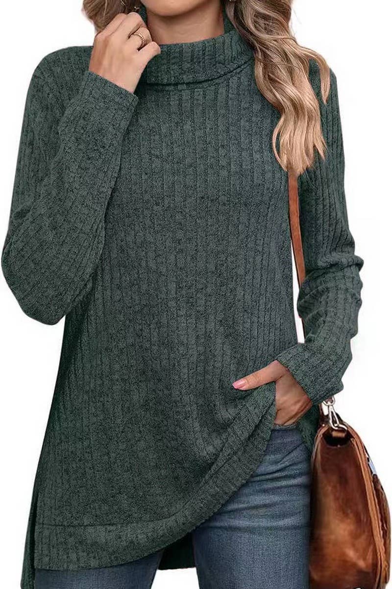 CWTBLL3684_AUTUMN AND WINTER SOLID COLOR HIGH COLLAR LOOSE T