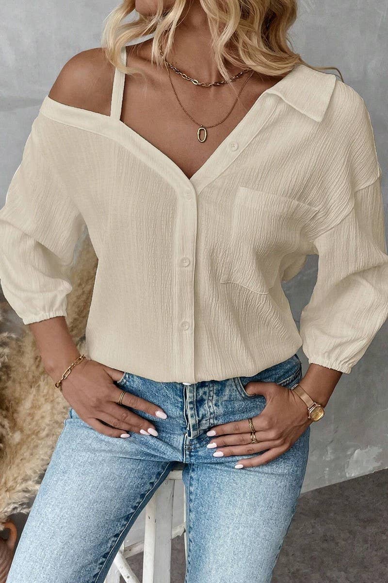 CWTSTL2794_LAPEL OFF-SHOULDER TEXTURED SINGLE-BREASTED SHIRT