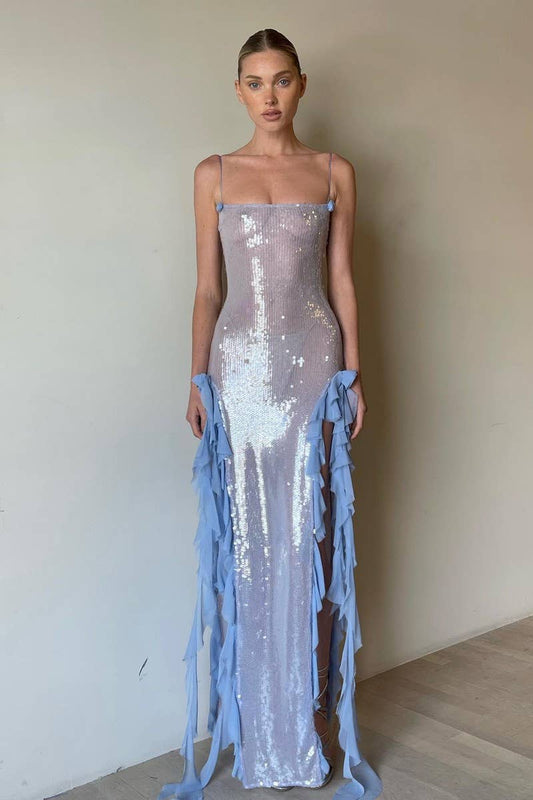 CWDMD5619_SEXY SHEER SEQUIN RUFFLE FLORAL MAXI SLIP DRESS