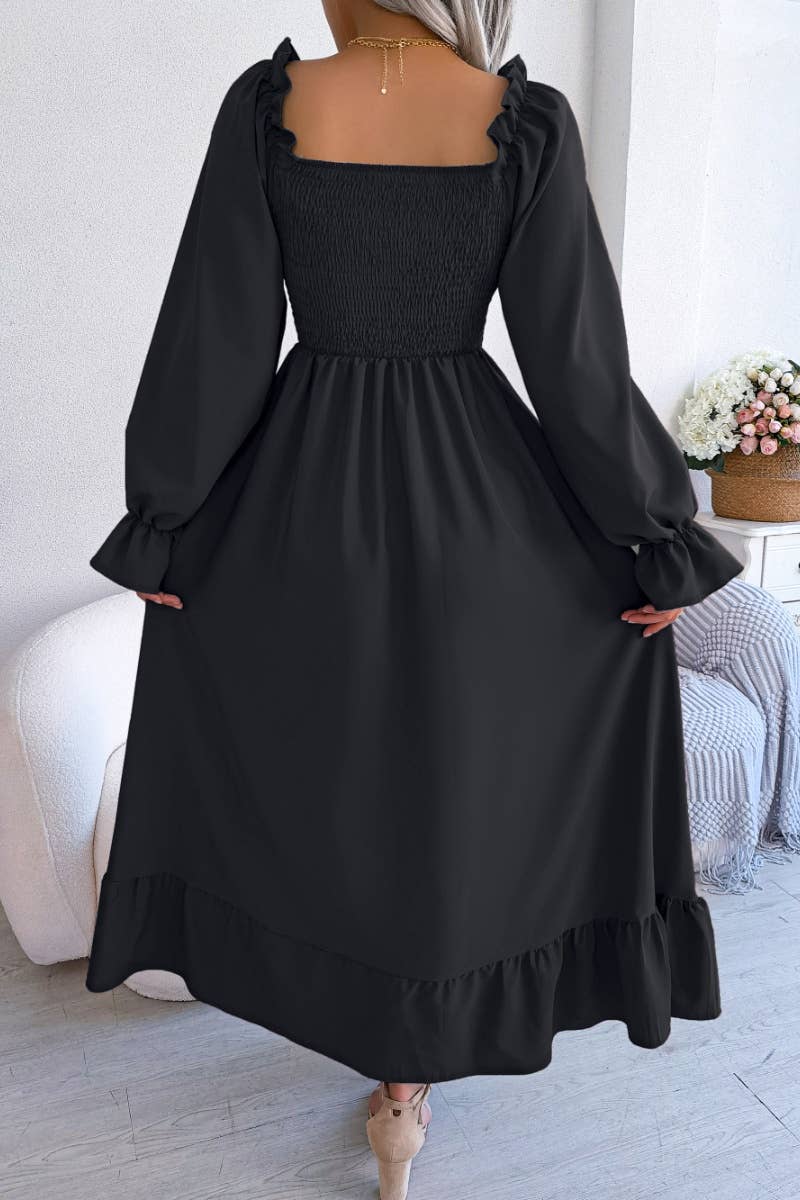 CWDMD2663_RUFFLED DRESS WITH SQUARE COLLAR FLARED SLEEVES