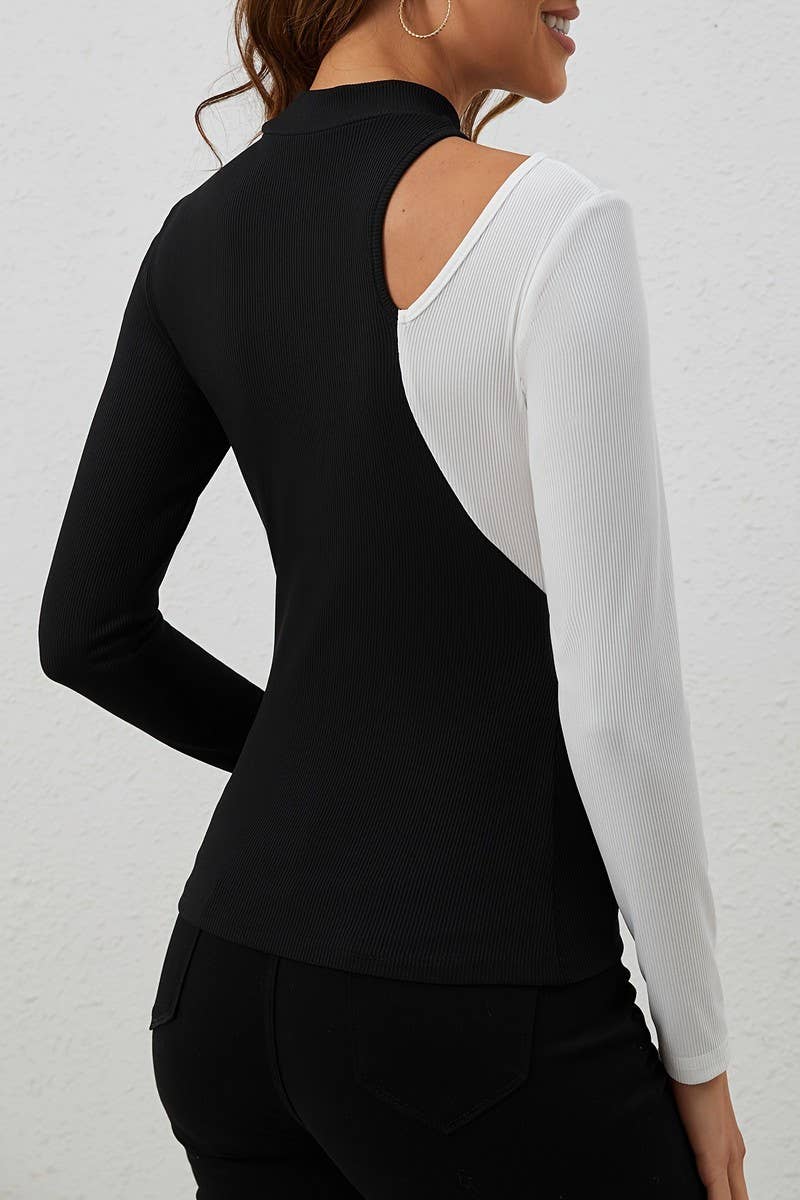 CWTBLL3526_CONTRAST COLOR STITCHING SMALL STAND COLLAR TOP