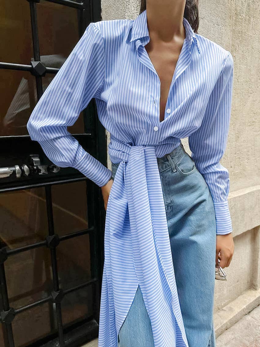 Chic sriped tie waist button down shirt