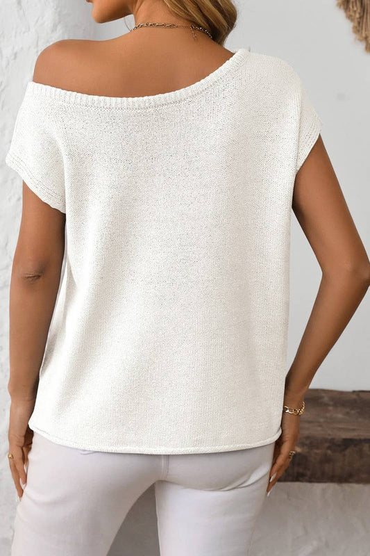 CWOSWS0129_SOLID COLOR KNITTED SHORT-SLEEVED PULLOVER TOP