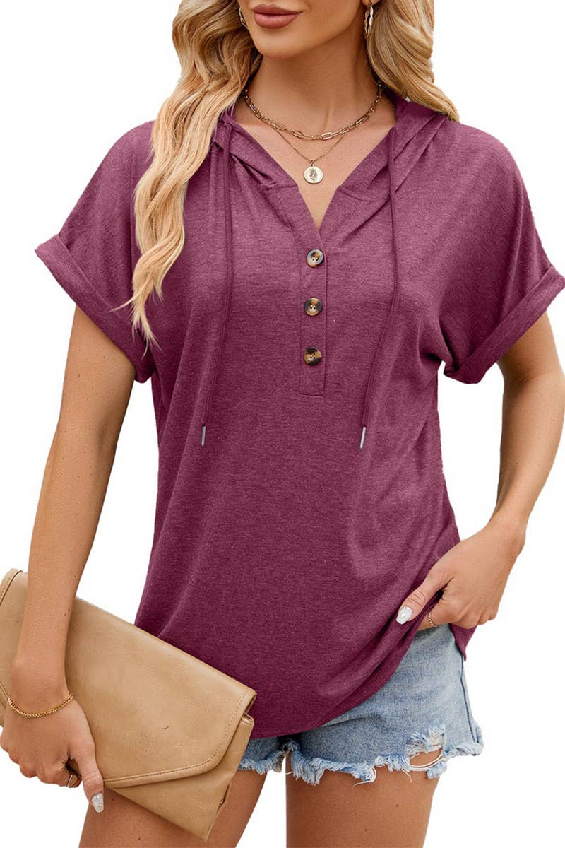 CWTTS1350_SUMMER SOLID COLOR HOODED BUTTON SHORT SLEEVES