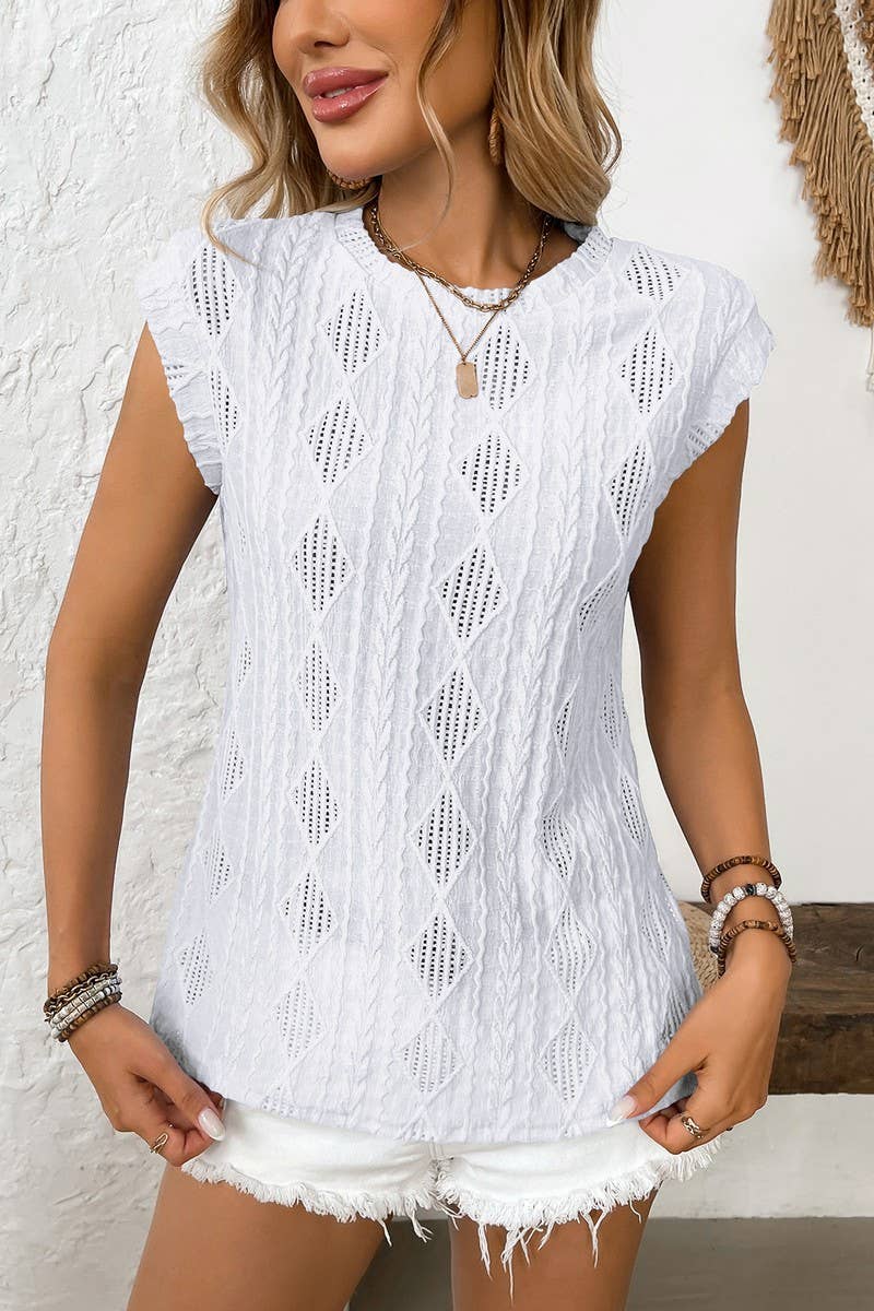 CWTBLS1615_ROUND NECK JACQUARD LOOSE T-SHIRT VEST