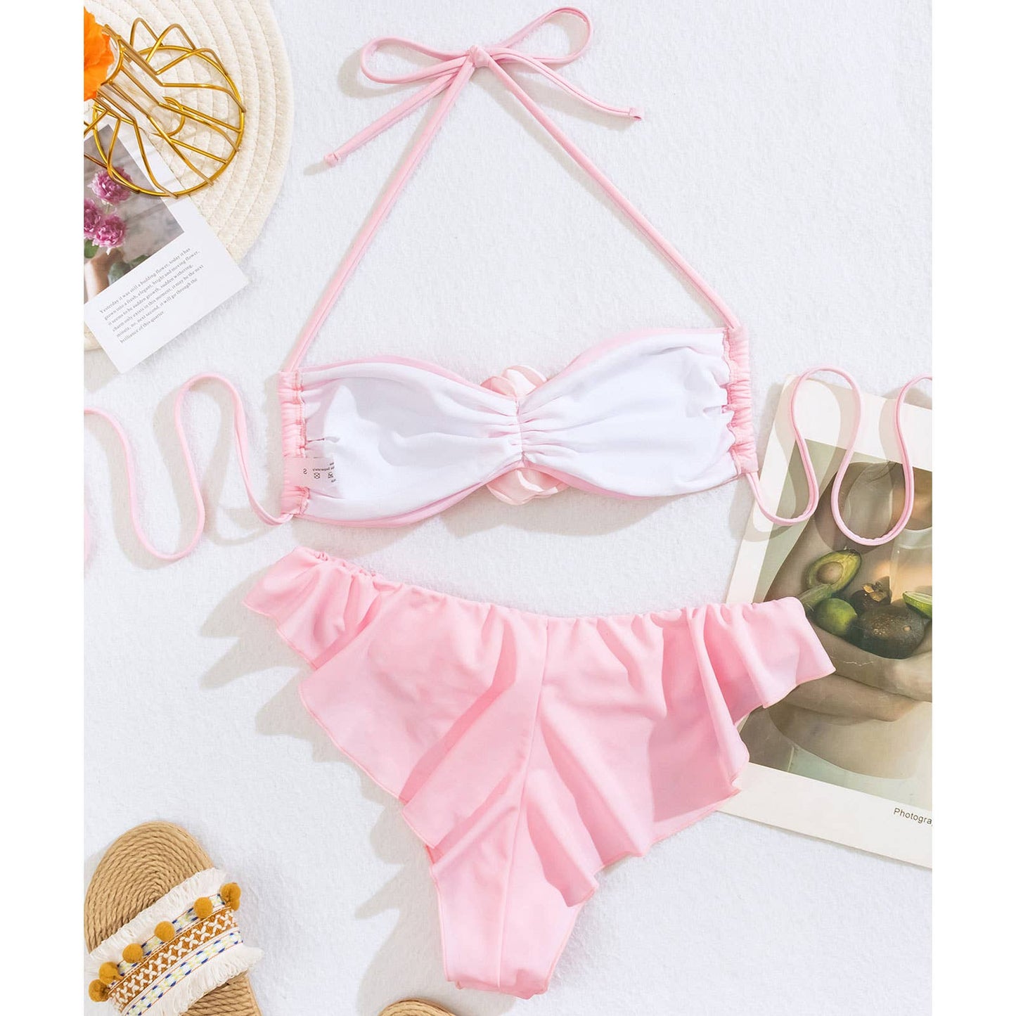 Women's 3D Floral Bikini Set - Pink Nylon Swimsuit