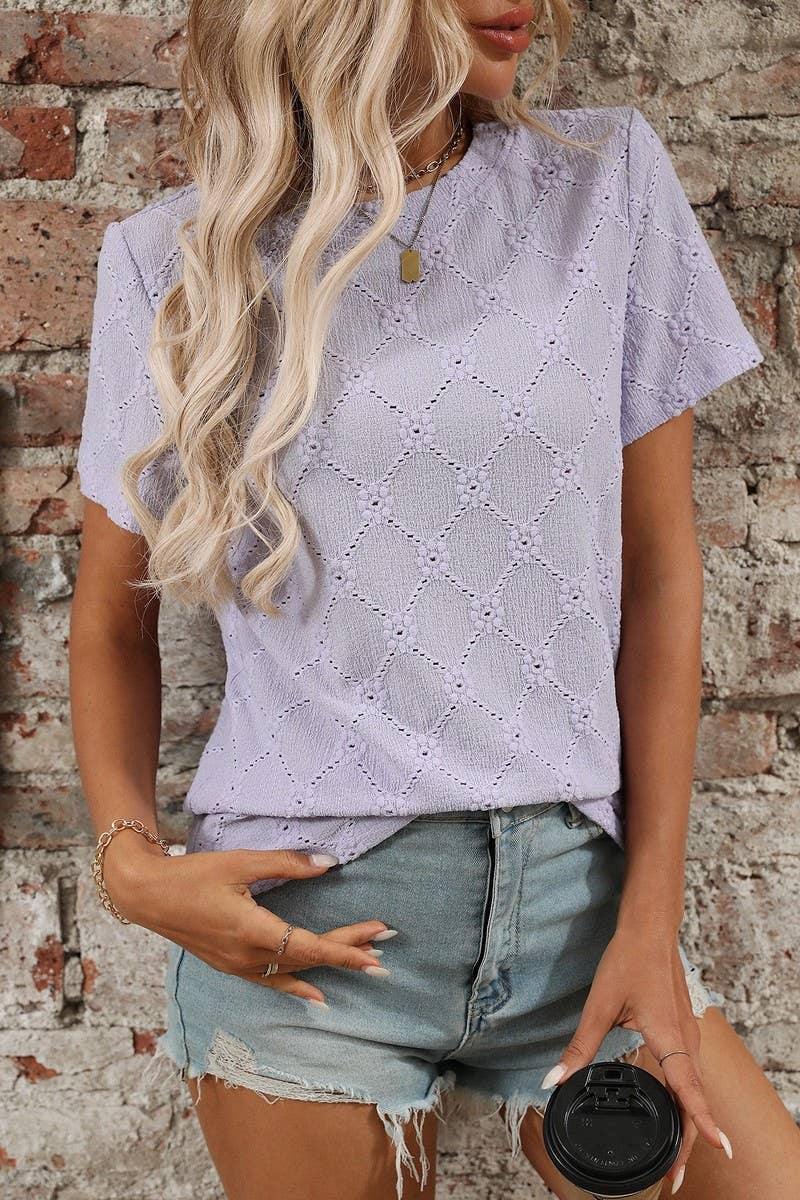 CWTTS1372_SUMMER ROUND NECK JACQUARD SHORT-SLEEVED T-SHIRT