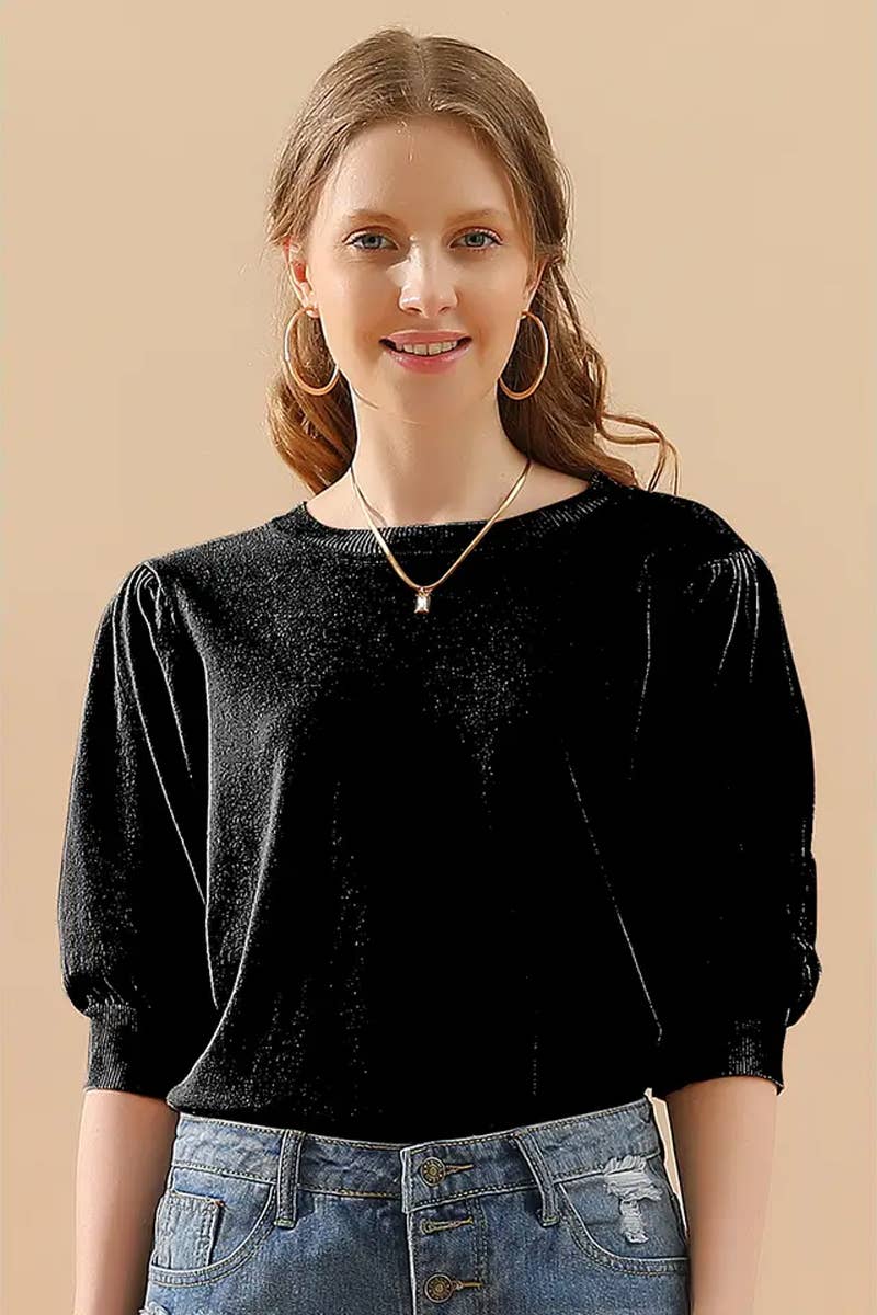 CWTTS1310_SPRING AND SUMMER ROUND NECK PLEATED SWEATER