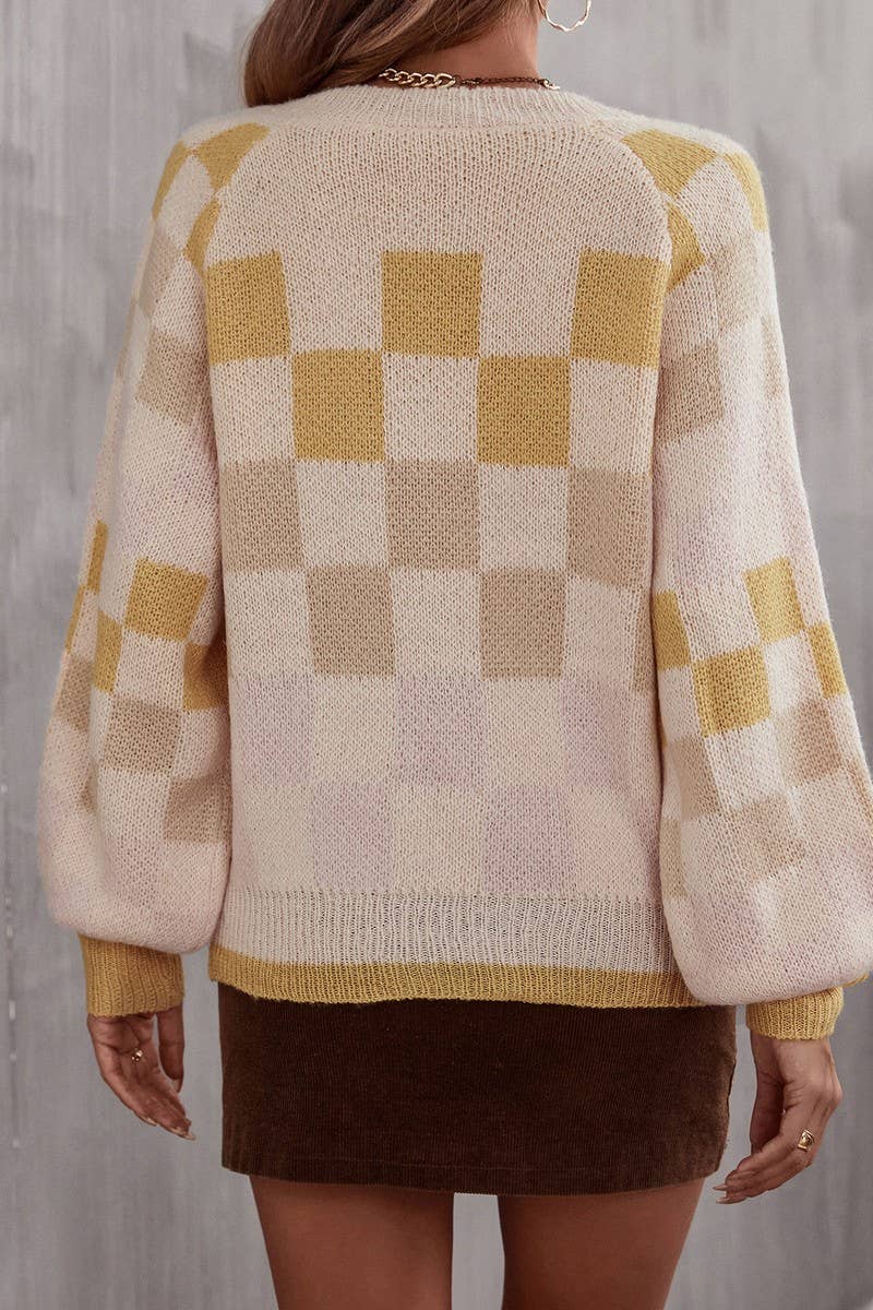 CWOSWL3174_V-NECK PLAID CONTRAST KNITTED PULLOVER SWEATER