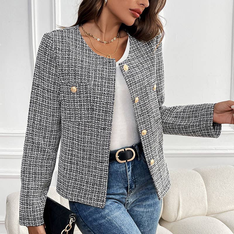 DESIGN SENSE PLAID SINGLE-BREASTED CARDIGAN