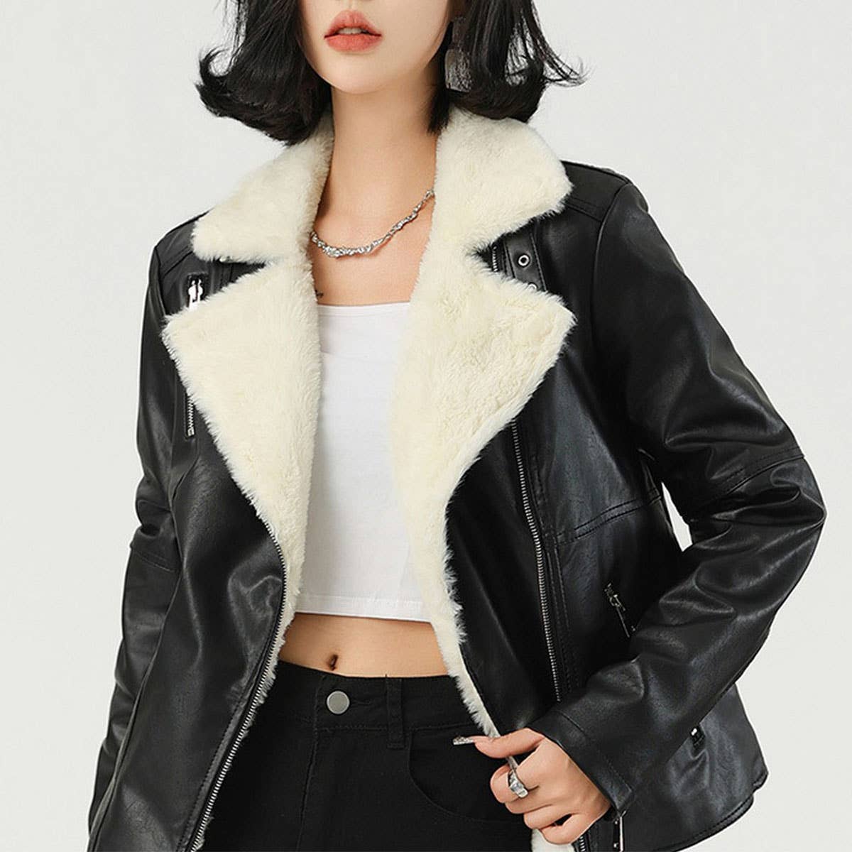 Fleece-Lined PU Jacket ?Winter Short Leather Coat