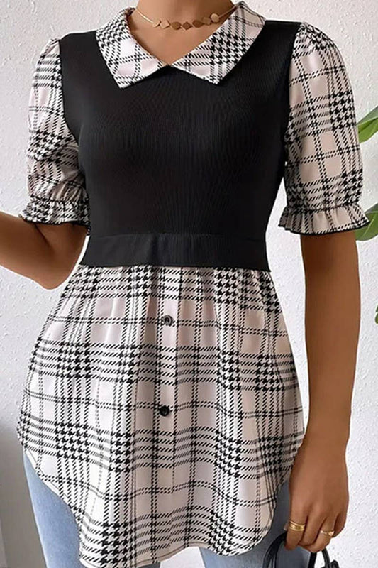 CWDSD7717_CONTRAST BUTTON PLAID MOCK TWO-PIECE DRESS