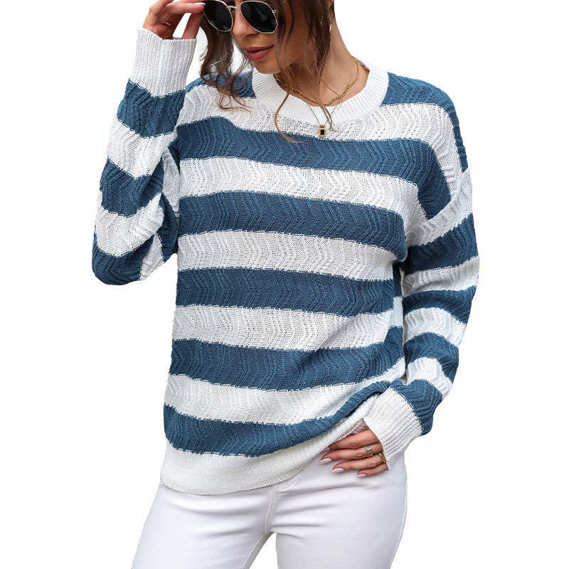 Color-blocking striped round-neck knit sweater