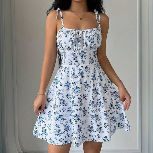 Floral short halter dress with square neckline