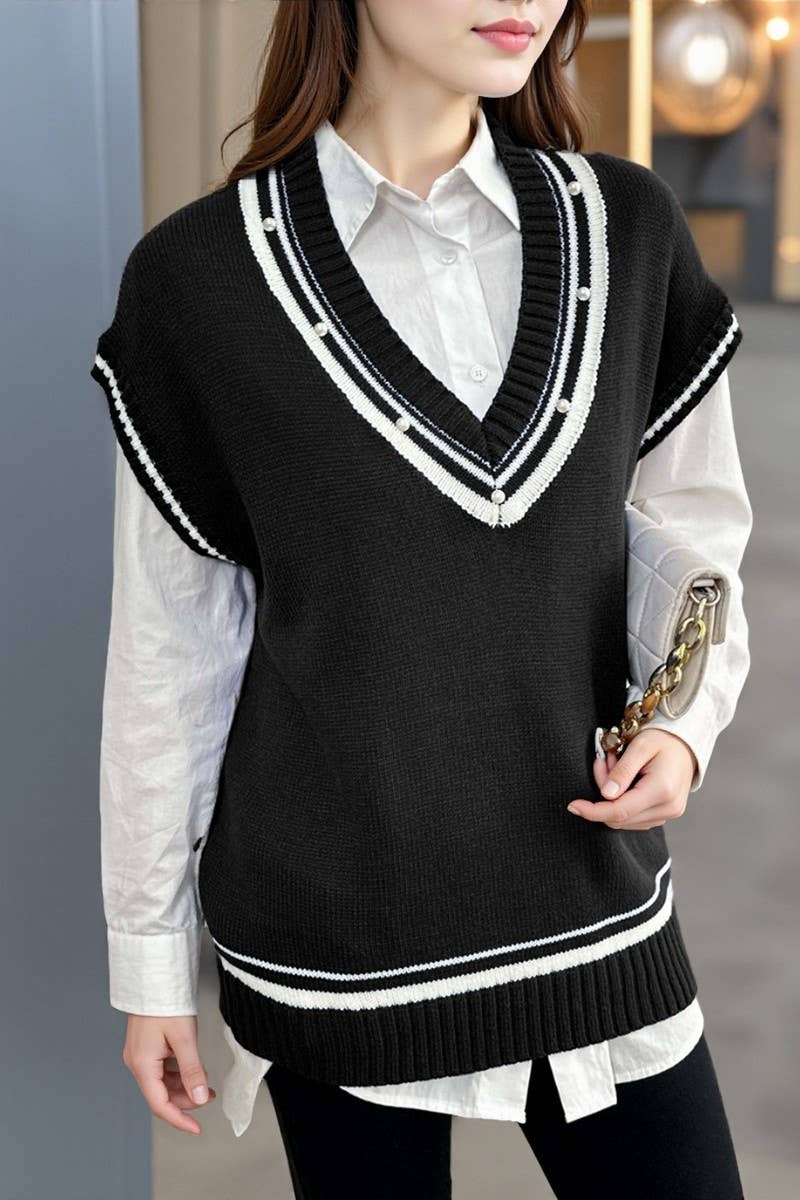 CWTSTL00989_WOMEN V NECK COLOR BLOCK STRIPED KNIT VEST