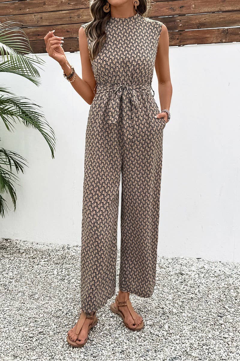 CWSJS1551_SUMMER GEOMETRIC PRINT SLEEVELESS TIE JUMPSUIT