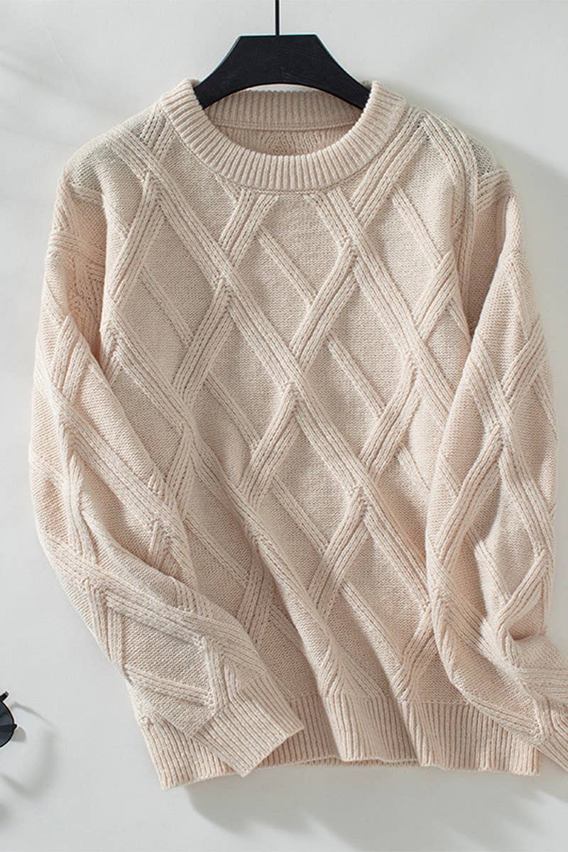 CWOSWL2809_LOOSE-FITTING DIAMOND-KNIT PULLOVER SWEATER