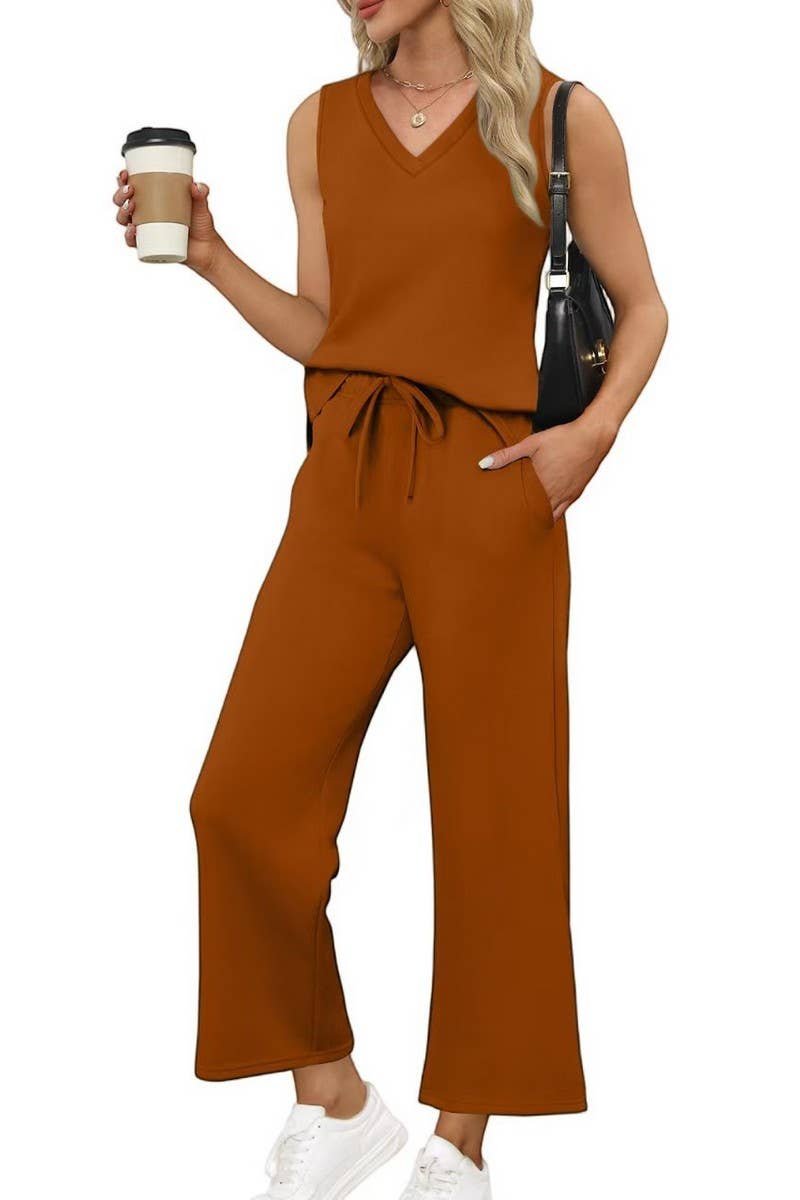 CWSS01304_SUMMER V-NECK VEST CASUAL PANTS MATCHING SET