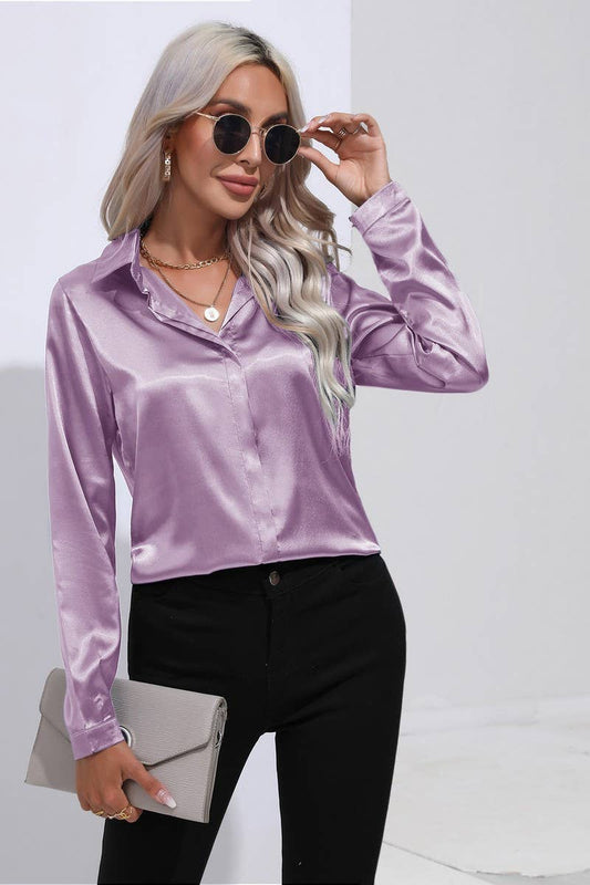 CWTBLL0692_Button Down Silky Satin Long Sleeve Top