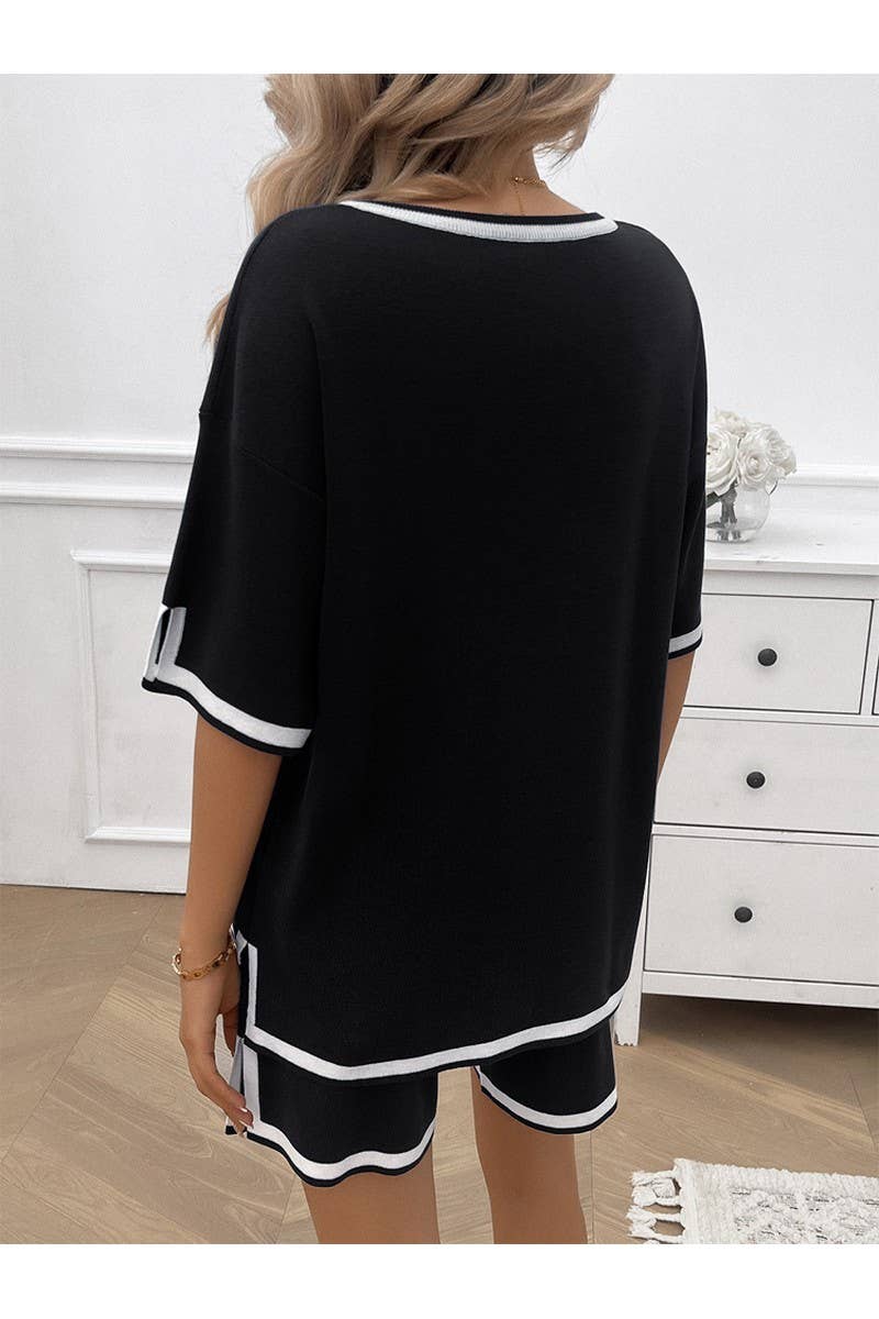 CWSTB0665_CASUAL LOOSE V-NECK SHORT SLEEVED SHORTS KNIT SET