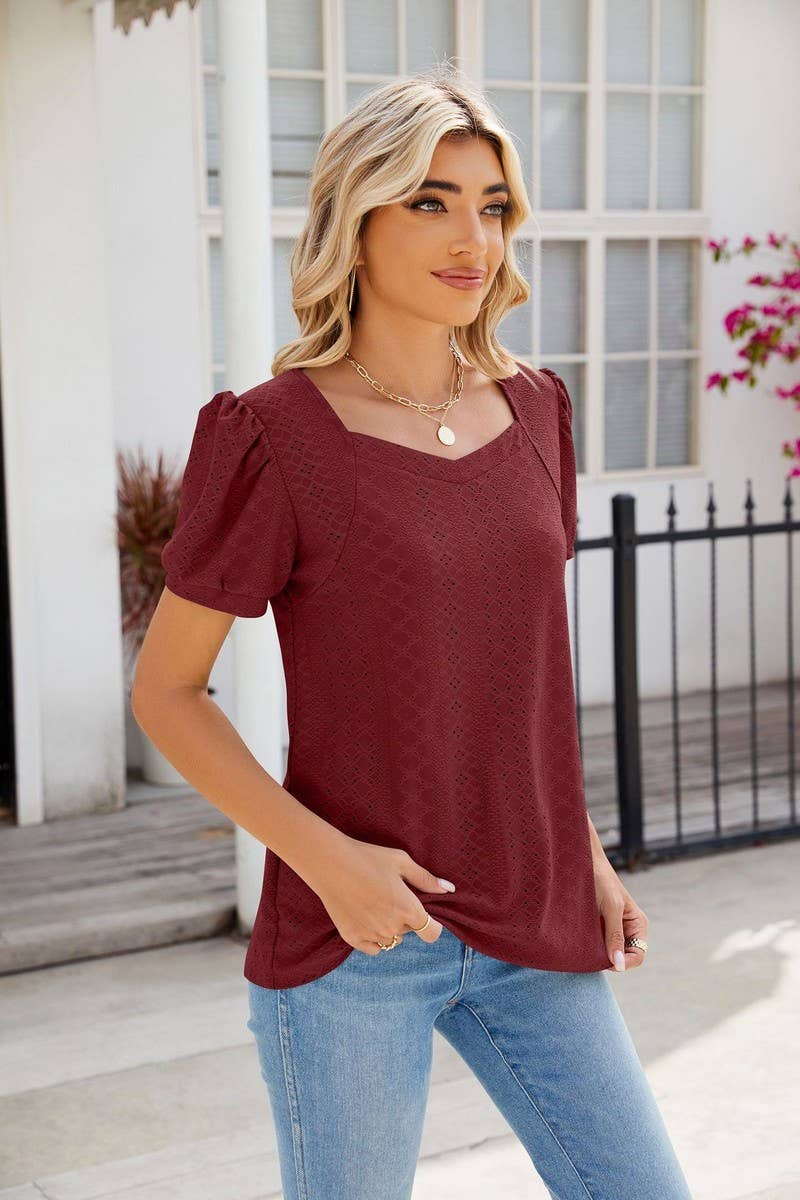 CWTBLS0877_SQUARE COLLAR SOLID COLOR SHORT-SLEEVED TOP